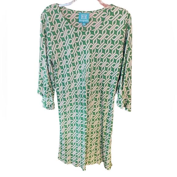 Escapada Sz M Green White Coastal Rope Print Statement Sleeves Shift Dress - Picture 1 of 9